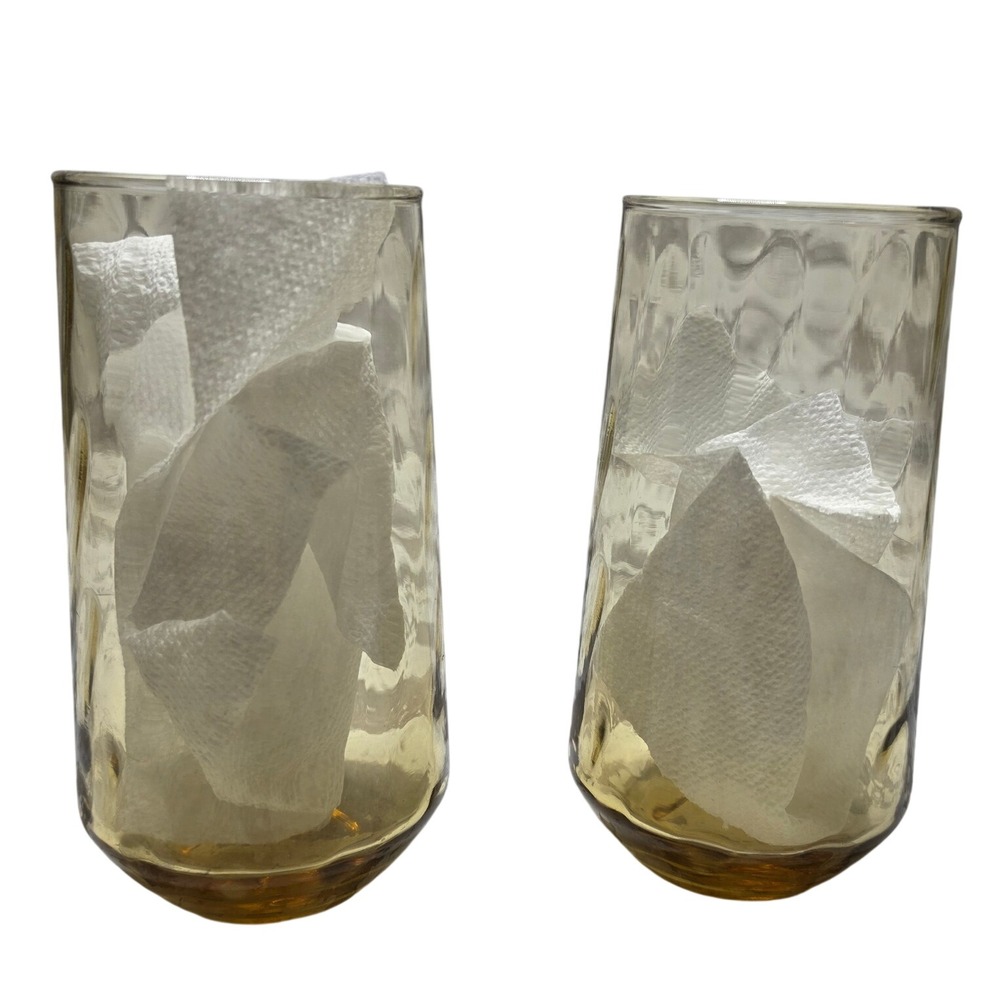 Vintage Amber Hammered Glass Highball Tumblers Set of 2 Thumbprint Textured 6in